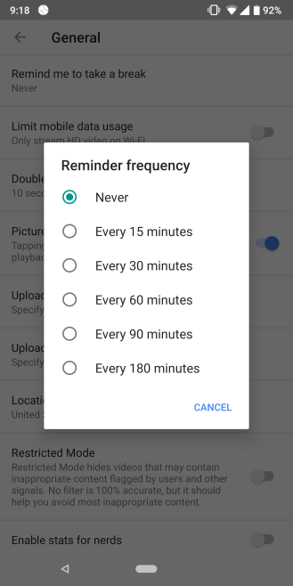 新版YouTube推出定时提醒休息功能