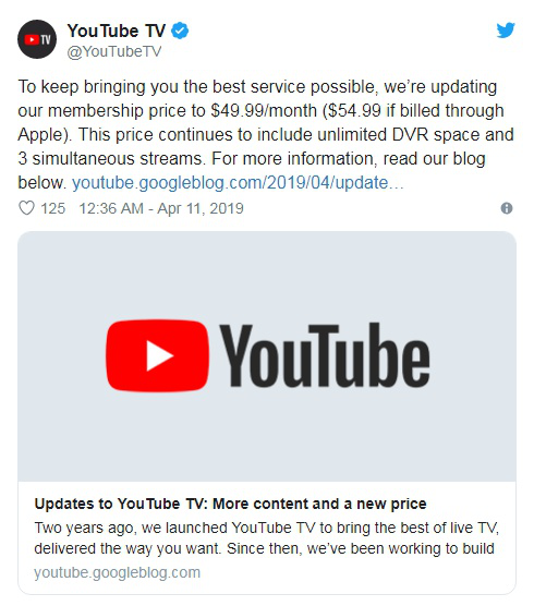 YouTube TV订阅费上调